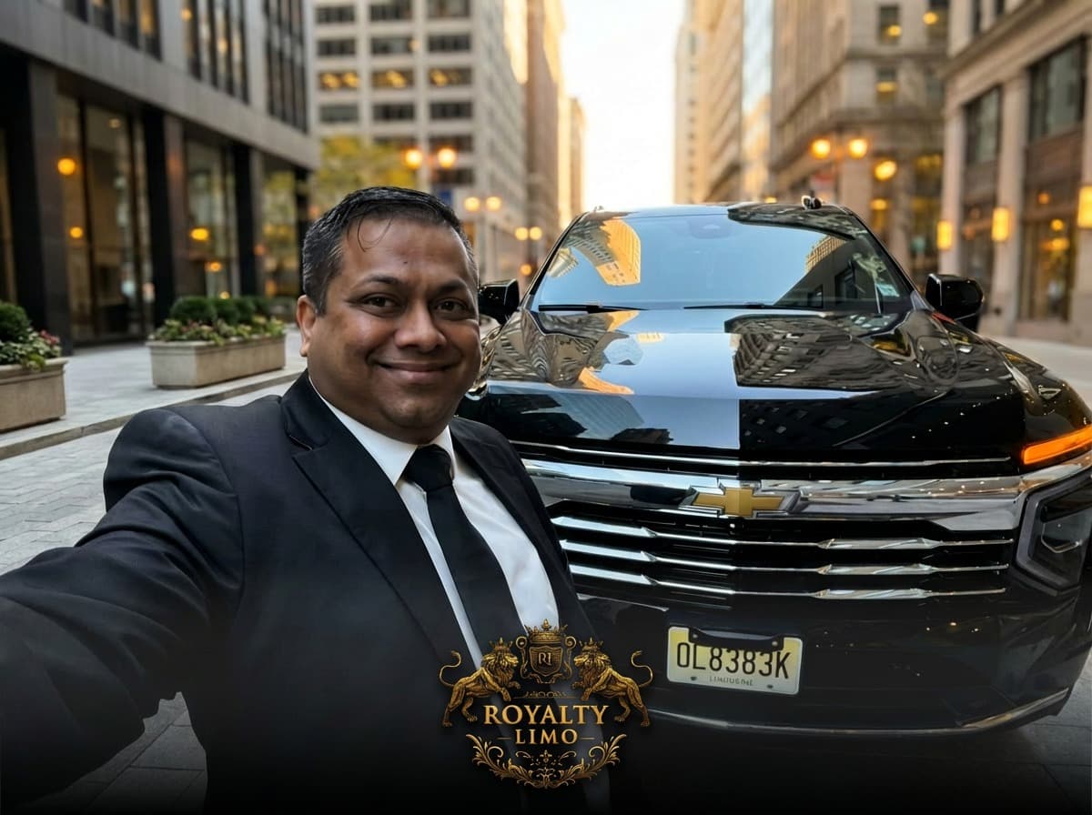 Founder of Royalty Limo standing beside executive transportation vehicle.