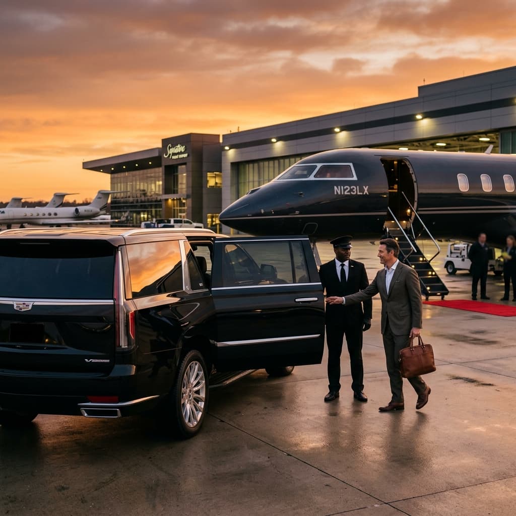 Executive arriving at FBO terminal via private jet with luxury ground transportation